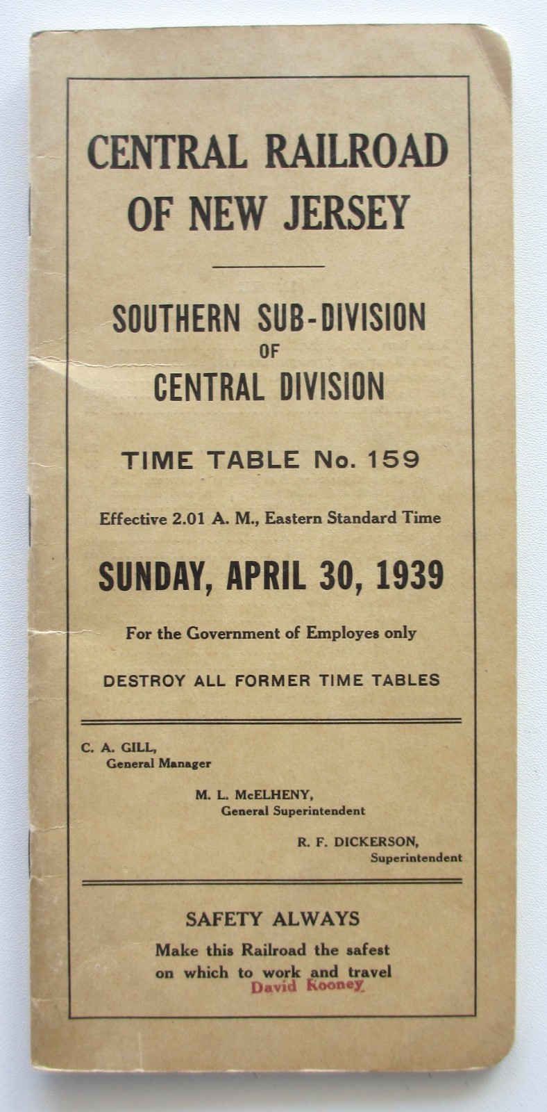 Vintage April 1939 Central Railroad of New Jersey Division Timetable No. 159