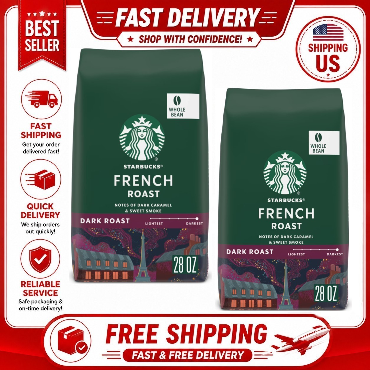 2Pack Starbucks French Roast,Whole Coffee Beans,Dark Roast Hot or Iced Coffee,28 2Pack Starbucks French Roast,Whole Coffee Beans,Dark Roast Hot or Iced Coffee,28