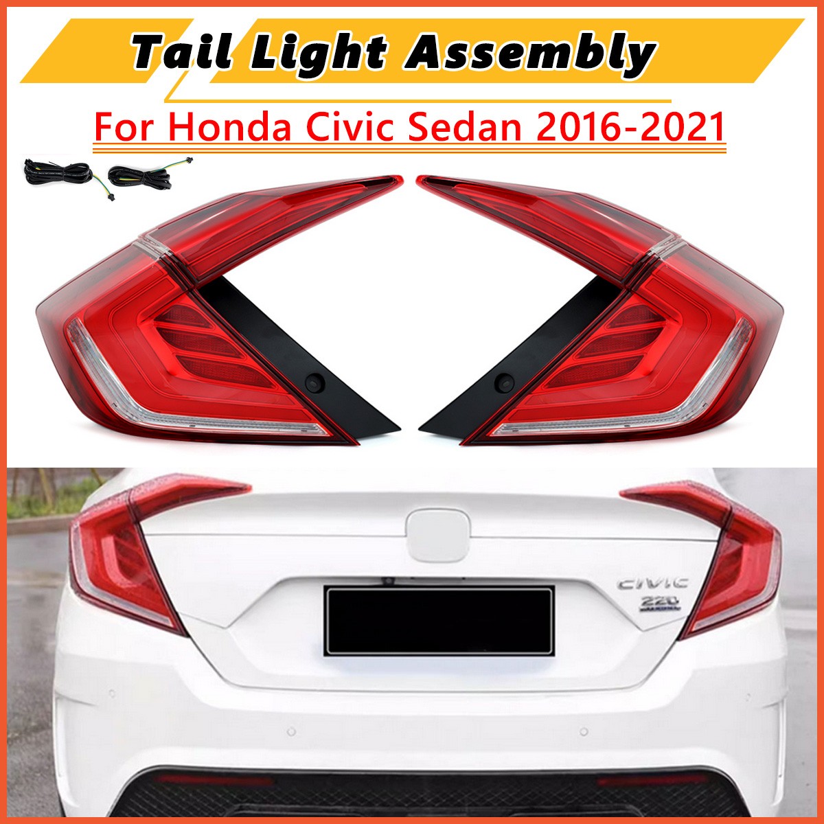 Red Fits 2016-2021 Honda Civic Sedan LED Tail Lights w/ Sequential Signal Lamp
