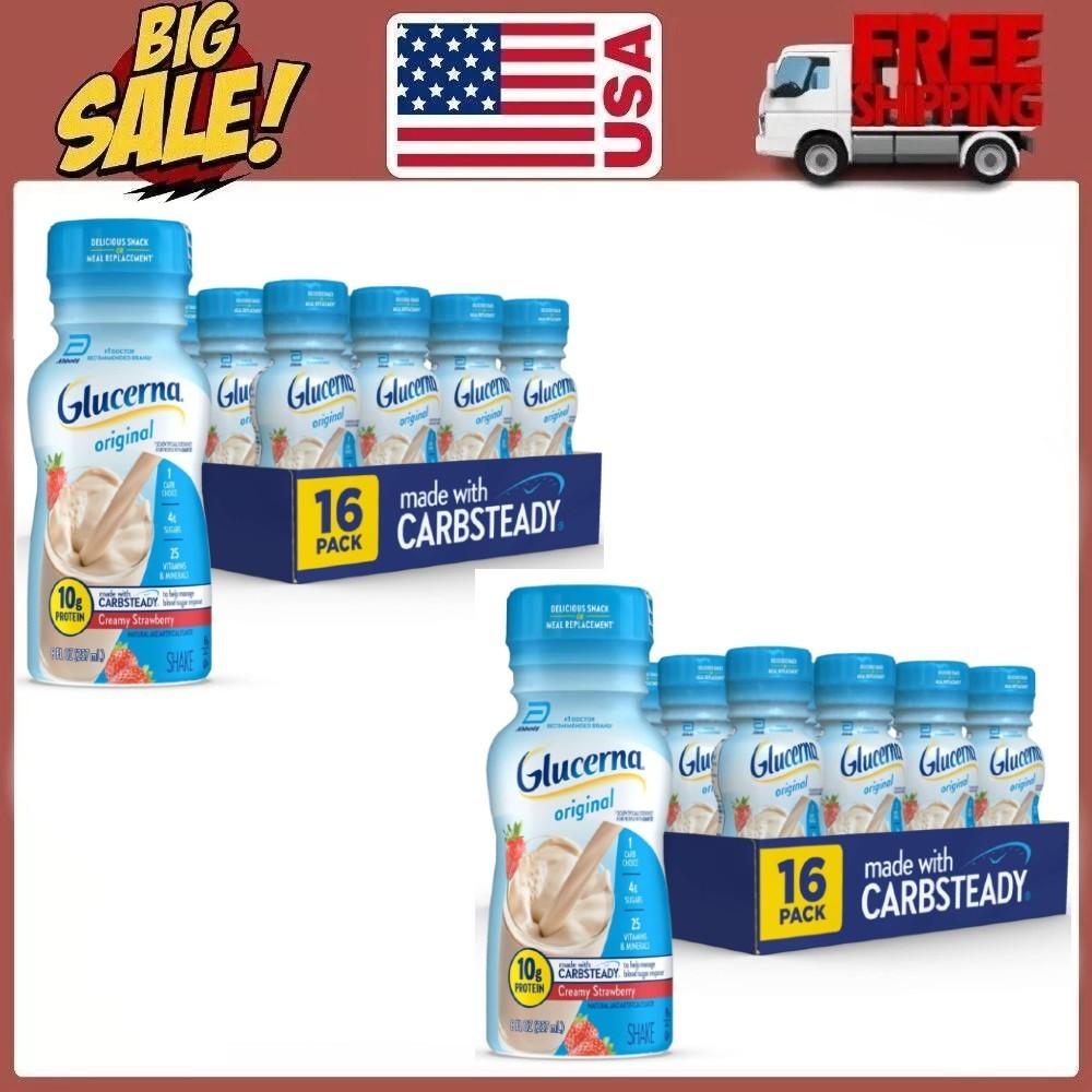 2 Pack Glucerna Original Diabetic Protein Shake, Strawberry, 16 Count