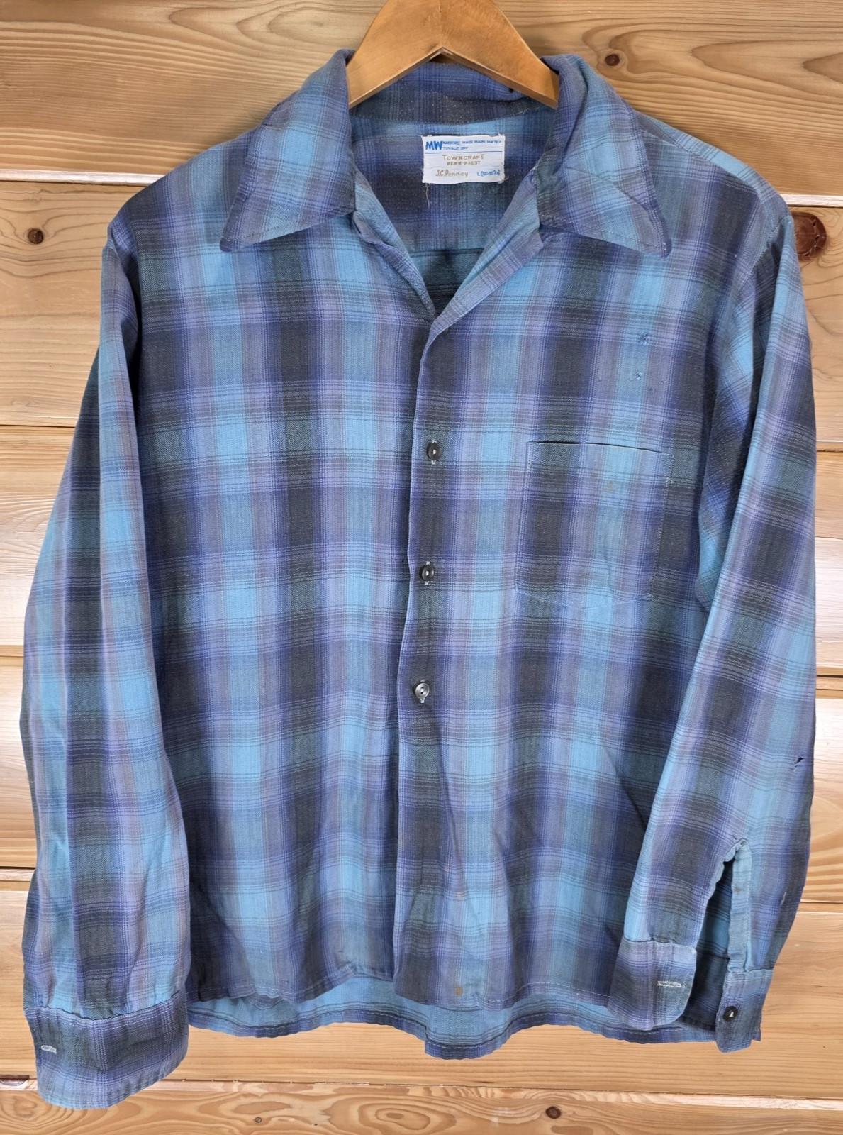 VTG 60’s Penneys Towncraft Shadow Plaid Loop Collar Button 22X24 Distress