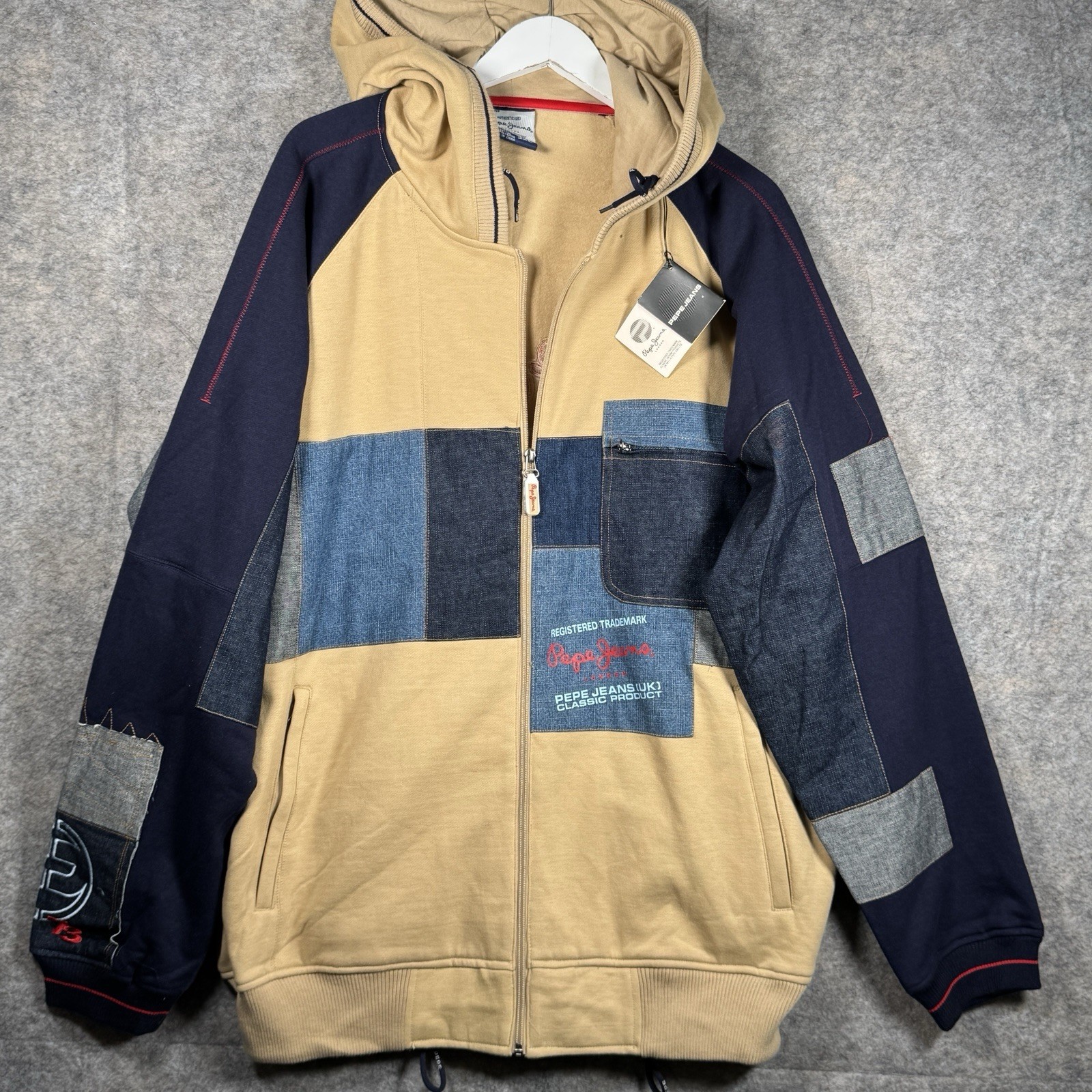 Vintage NWT Y2K Pepe Jeans Patchwork Zip Up Hoodie Jacket Mens Size 2XL 27x33