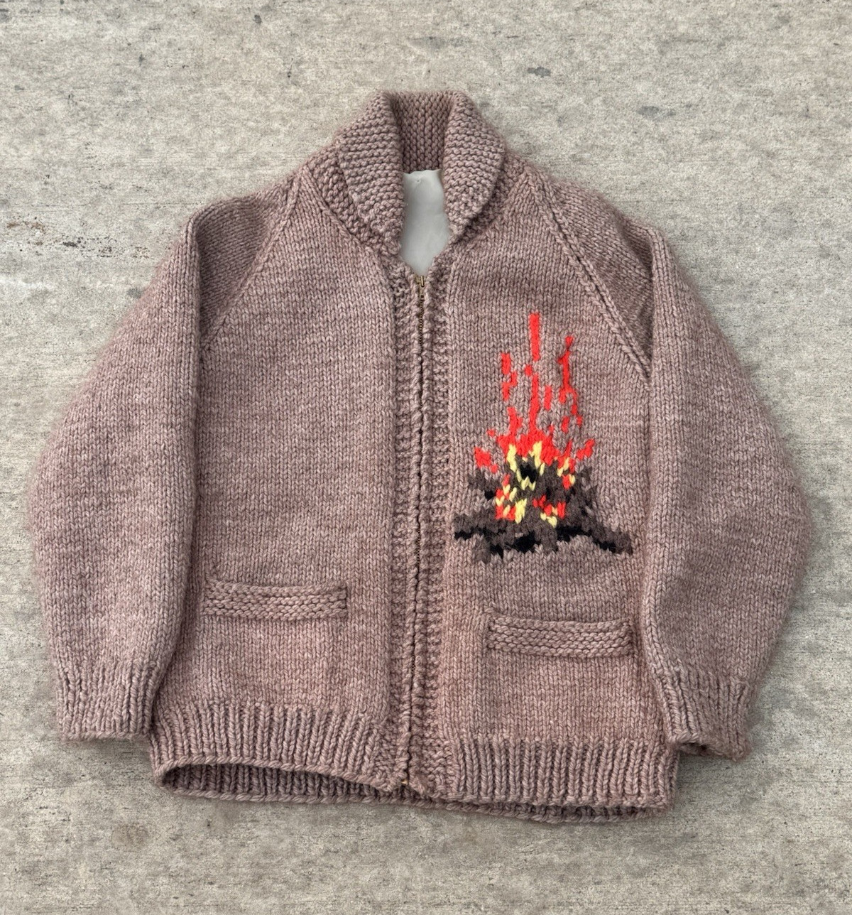 Authentic 1960s hand-knit wool Cowichan with scenic camp motif and brass Talon z