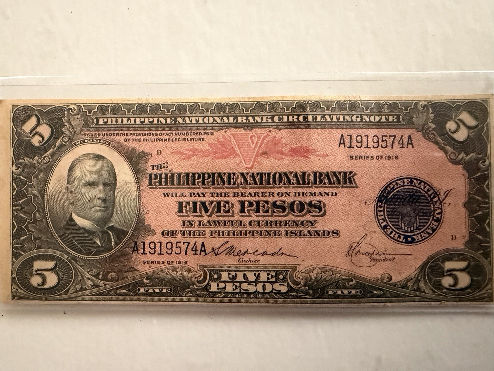 Philippine National Bank 5 Pesos Banknote, Philippines 1916 Circulated