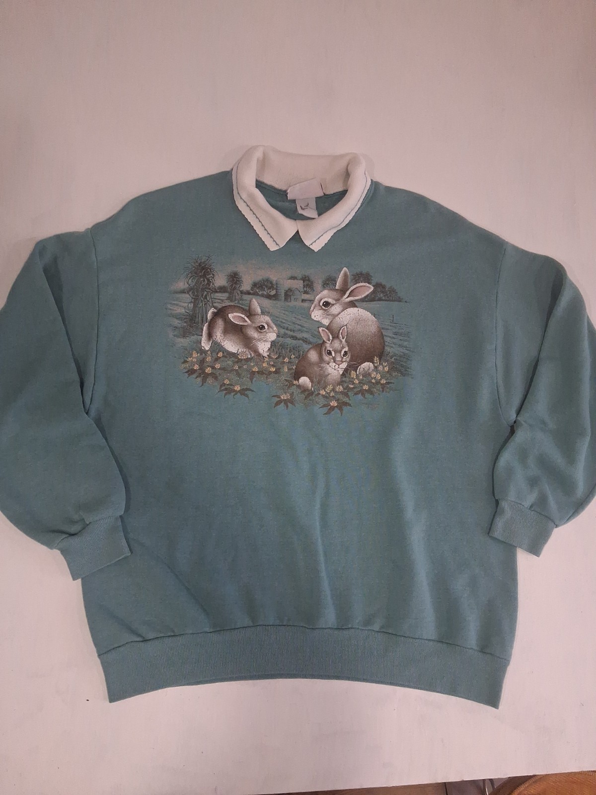 VTG Made Granny Bunny Rabbit Graphic Sweatshirt Crewneck 90s Teal Mock Neck XL VTG Made Granny Bunny Rabbit Graphic Sweatshirt Crewneck 90s Teal Mock Neck XL