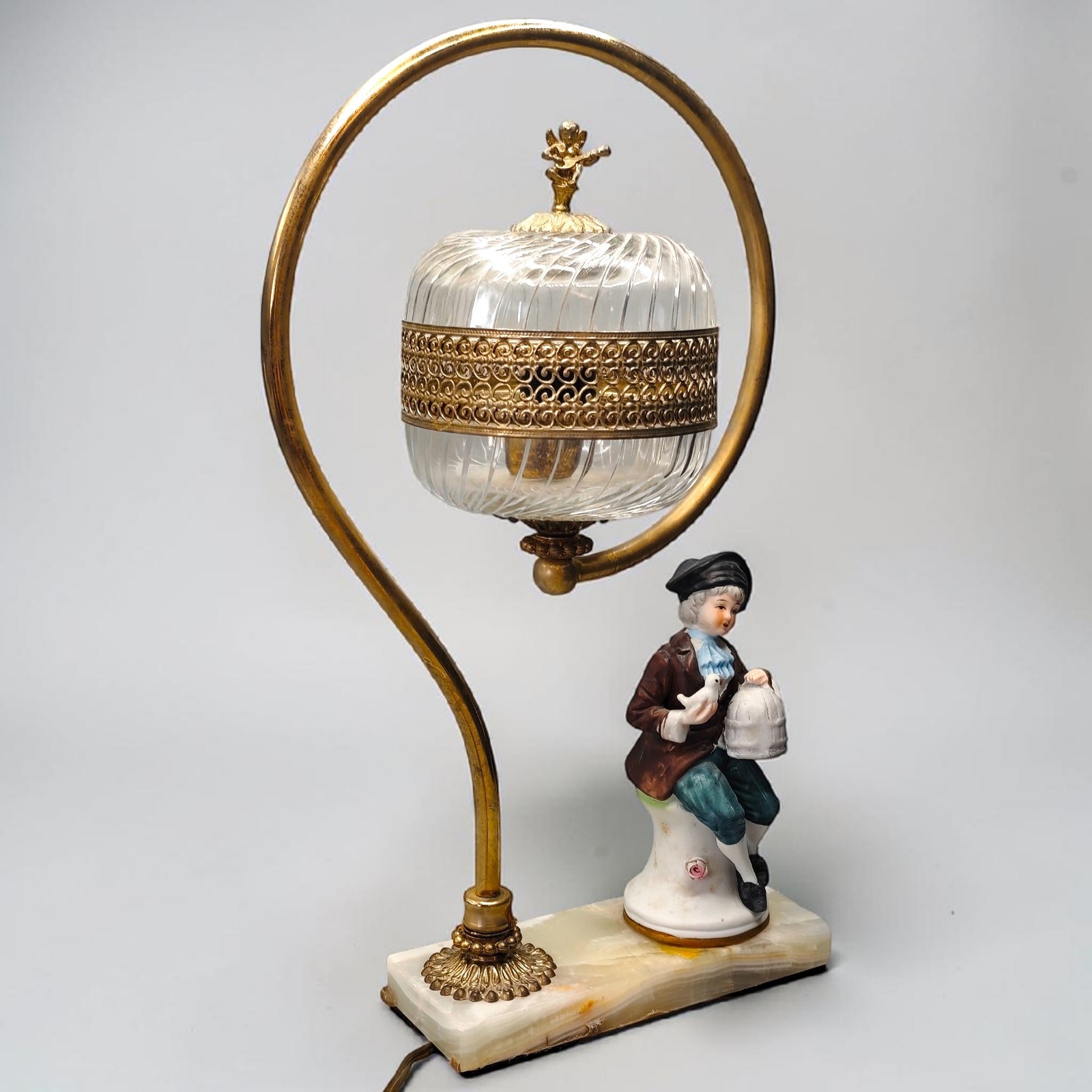 Mid-Century European Table Lamp Porcelain Figure Gilt Metal Onyx Base