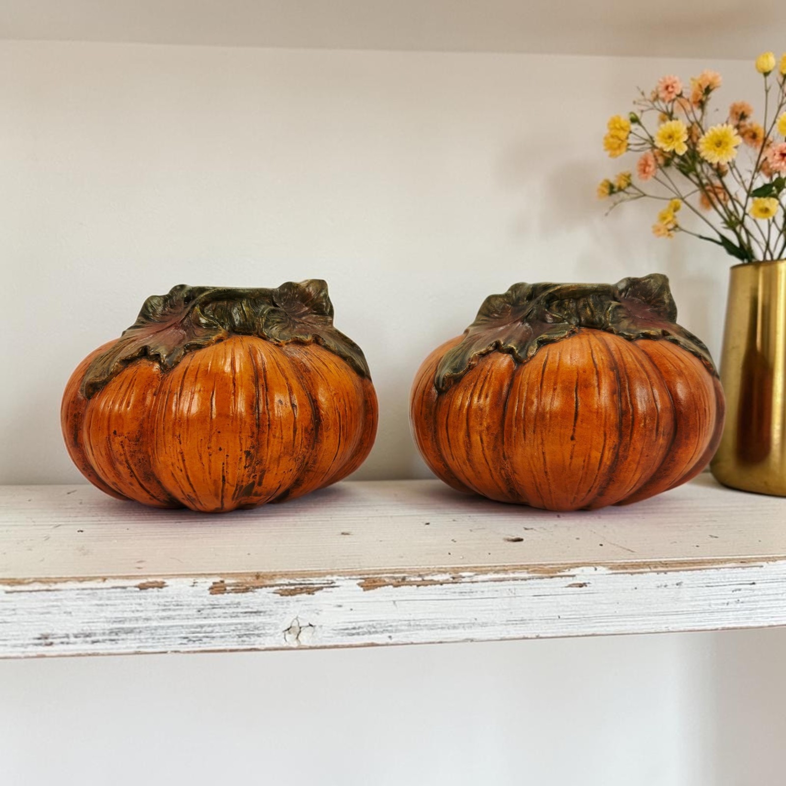 2 VTG Rustic Hand Painted Ceramic Fall Halloween Pumpkin Candle Holders 4.5\