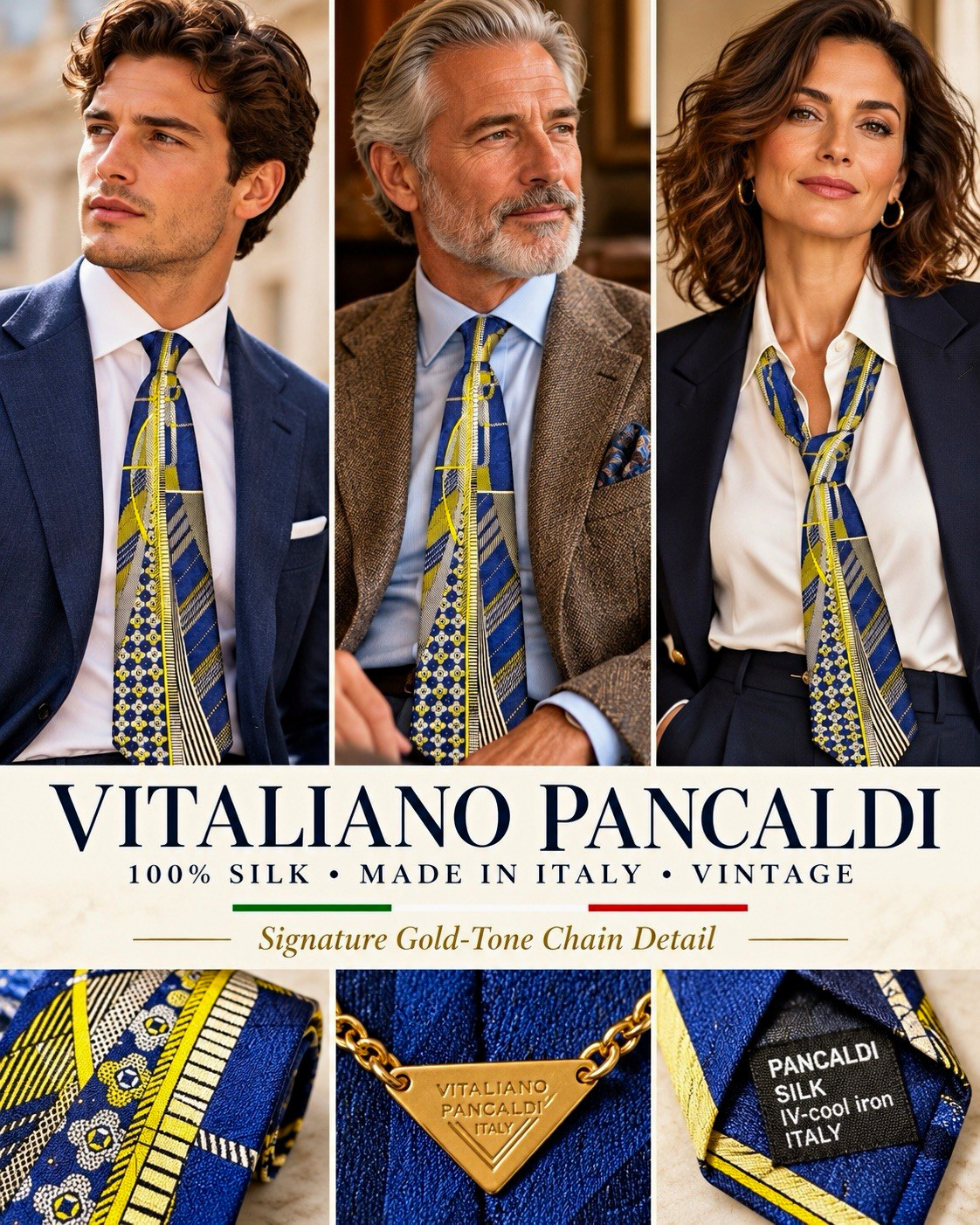 Vintage Vitaliano Pancaldi 100% Silk Tie Made in Italy Blue Gold Chain Geometric