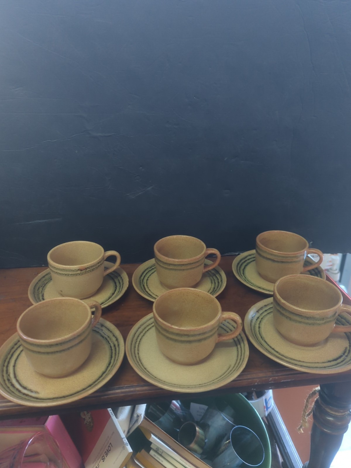 Vintage Digoin French Sarreguemines Stoneware 1970s Cup & Saucer Sets Set 6 Vintage Digoin French Sarreguemines Stoneware 1970s Cup & Saucer Sets Set 6