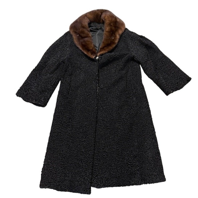 1950s Persian Lamb & Mink Collar Coat Black Curly Fur Lined Swing Jacket M/L