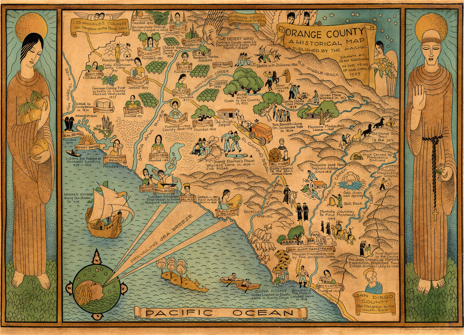 1922 Pictorial Historical Map Orange County California Wall Art Poster Vintage