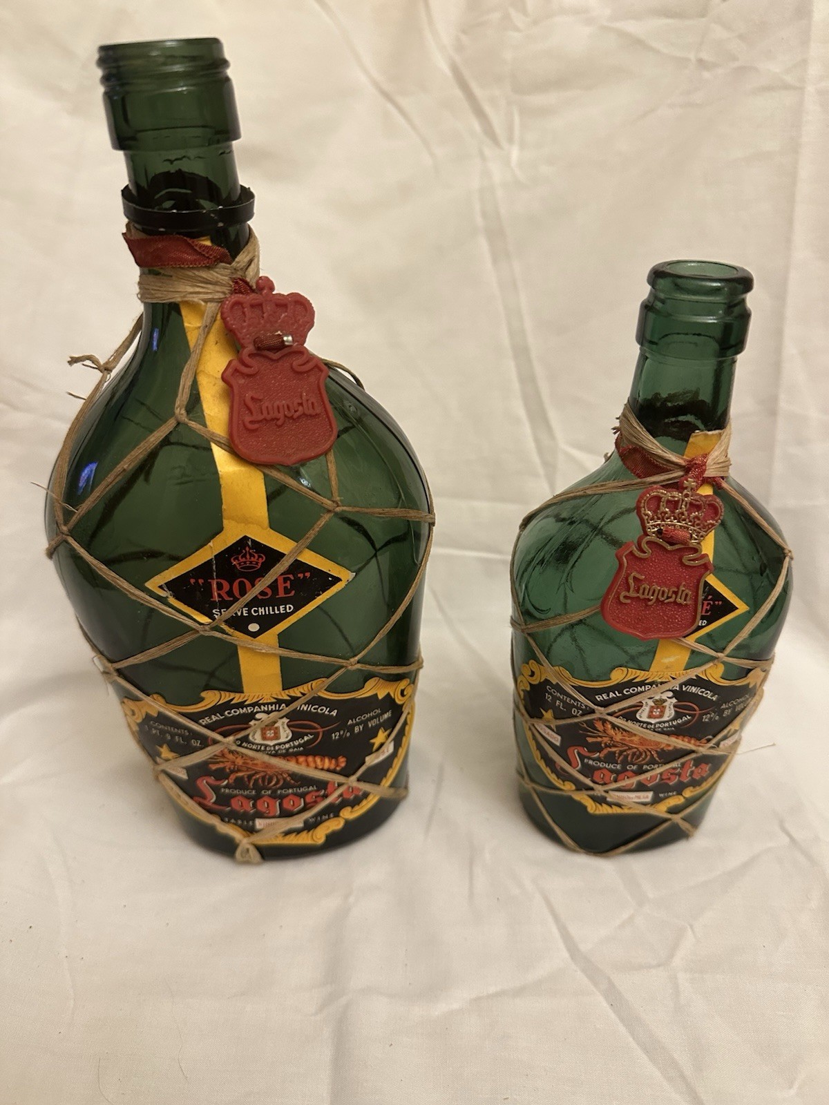 Vintage Lagosta Portuguese Raffia Wine Bottles Pair Rosé Rosado Display Decor