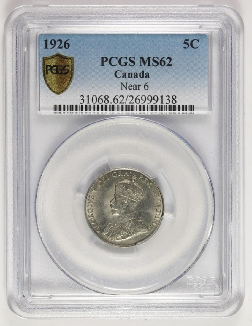 1926 NEAR 6 CANADA NICKEL PCGS MS62, Very Rare (Population 26)