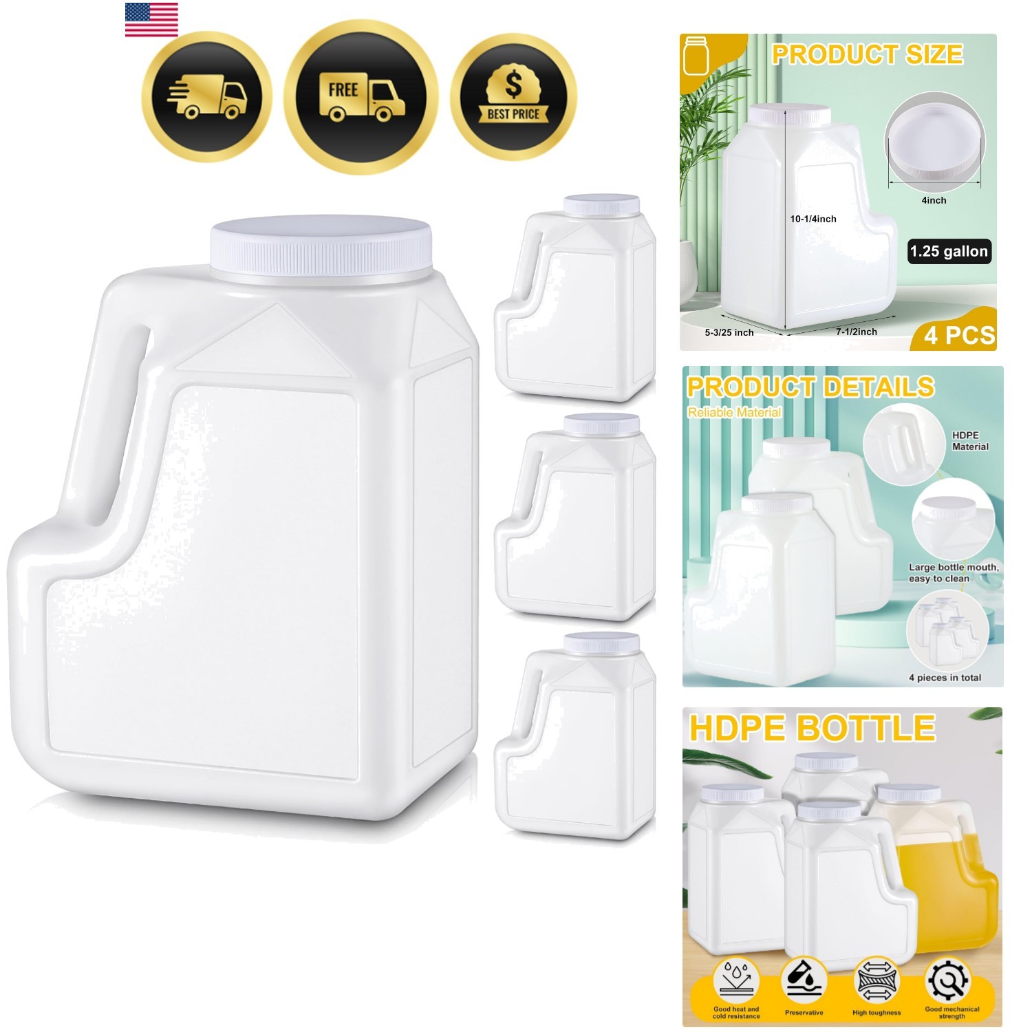 4 Pcs 1.25 Gallon White Plastic Gallon Jar with Handle, Airtight Lid 4 Pcs 1.25 Gallon White Plastic Gallon Jar with Handle, Airtight Lid