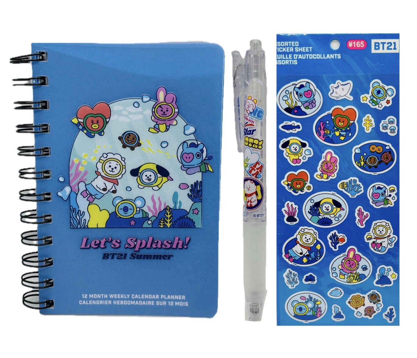 BT21 Lets Splash Monthly/ Weekly Planner, Gel Pen & Sticker Sheet Set NWT