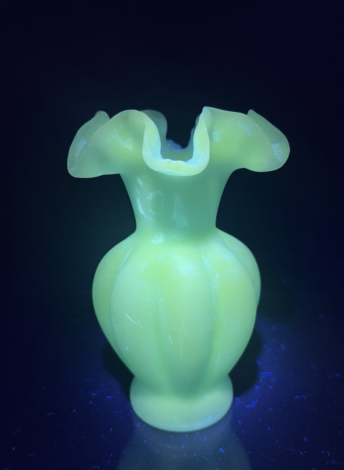 Vintage Fenton Blue Satin Glass Melon Vase with Ruffled Top 6” UV 365 Vintage Fenton Blue Satin Glass Melon Vase with Ruffled Top 6” UV 365