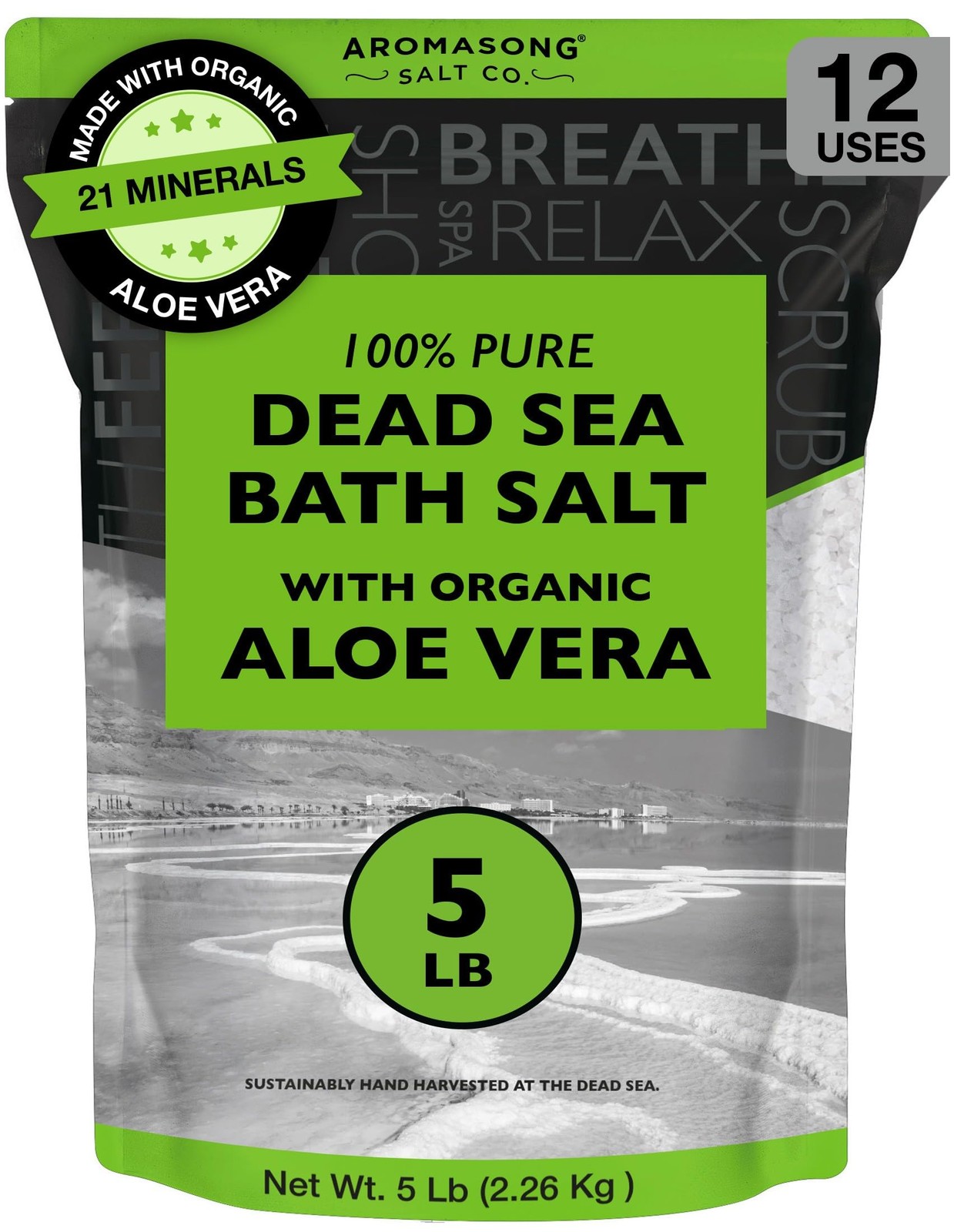 Dead Sea Salt with Organic Aloe Vera, Spa Bath Salts, 5 Lbs Fine Grain Large Bul