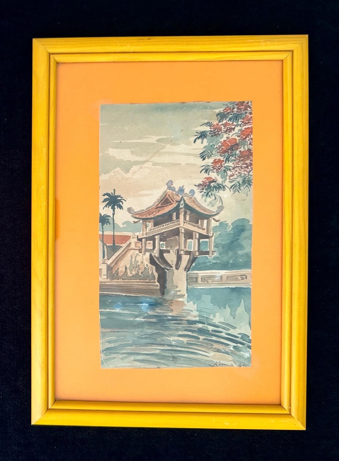 1950S Original Indochina Watercolor KIM SON Hanoi One Pillar Pagoda Vietnam 1950S Original Indochina Watercolor KIM SON Hanoi One Pillar Pagoda Vietnam