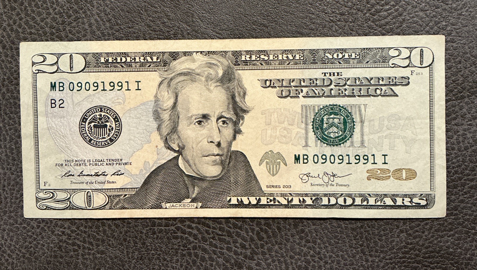 RARE US BIRTHDAY NOTE $20.00 09 09 1991 September 9 circulated, good condition 