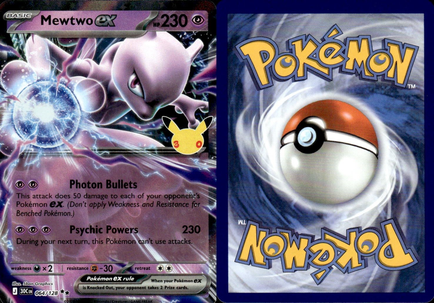 Pokemon Mewtwo ex Double Rare 064/128 ME: 30th Celebration Holofoil NM