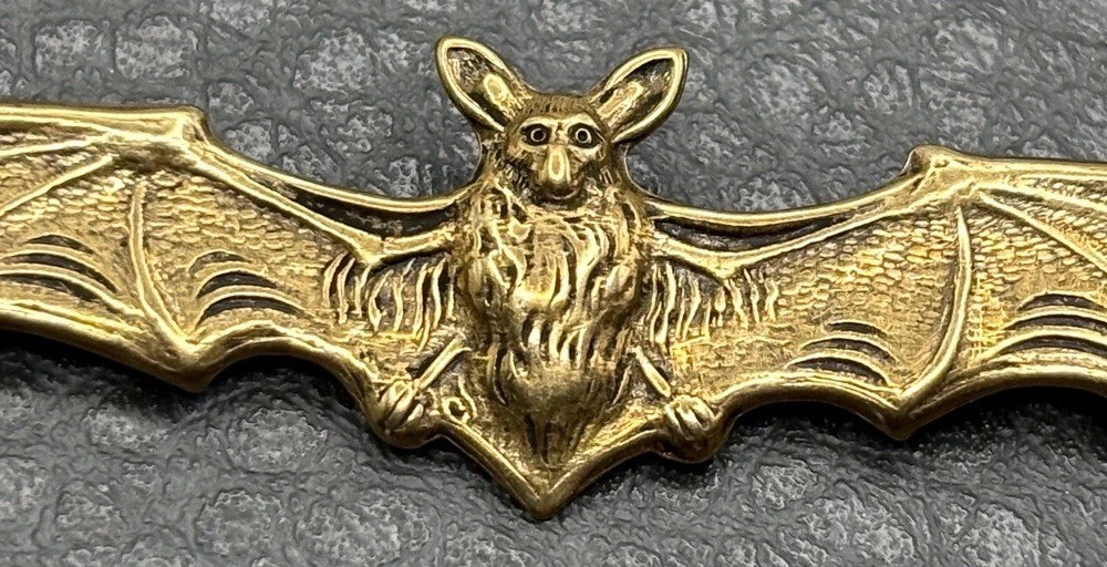 Vintage Victorian Revival Bat Brooch Pin Gothic Repousse Antiqued Gold Tone