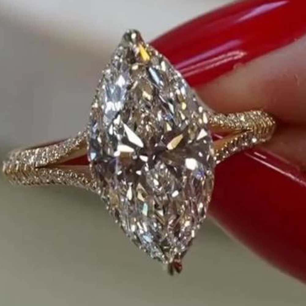 3Ct Marquise Cut Moissanite Split Shank Engagement Ring 14K Yellow Gold Plated