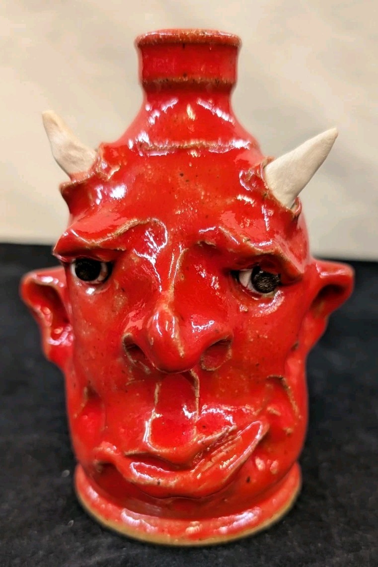TIM WHITTEN Southern Primitive Folk Art Pottery Smirking Red Devil Face Jug
