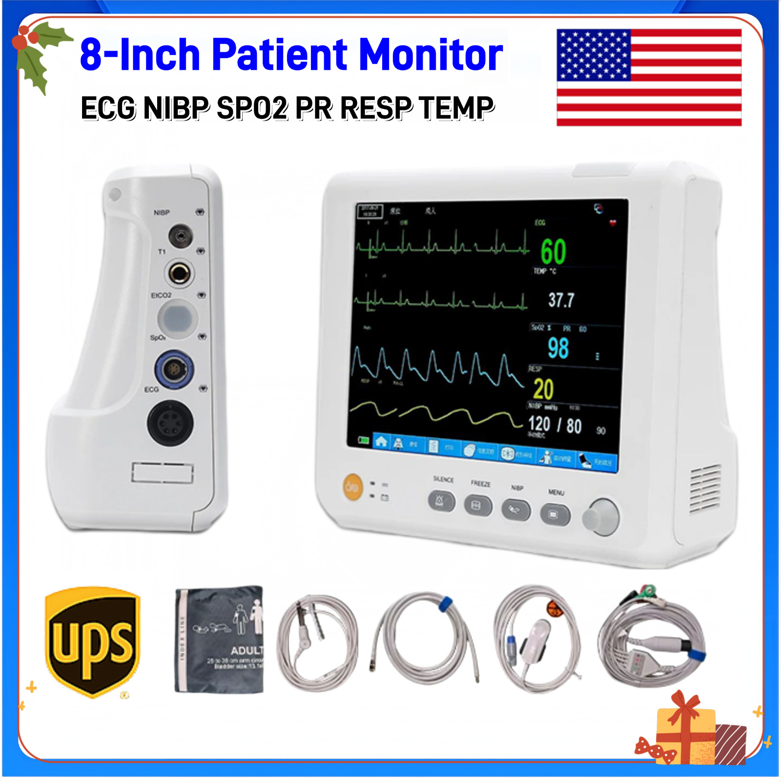 US Warehouse Portable  8 inch 6-Parameter Patient Monitor Vital Signs Monitor