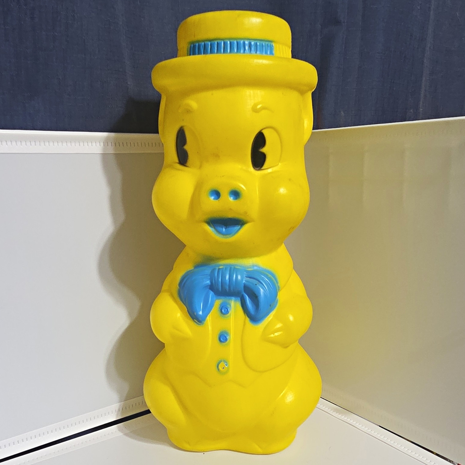Vintage 1964 A.J. Renzi Blow Mold Piggy Bank Yellow Blue Plastic 15\