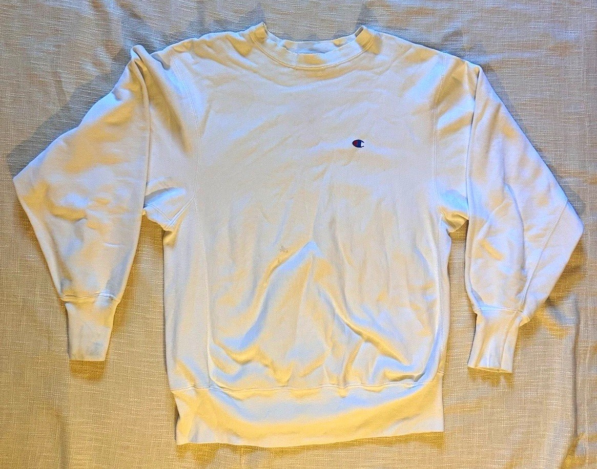 VTG 90s Champion Reverse Weave Crewneck XL White Made in USA Blank Chest Logo