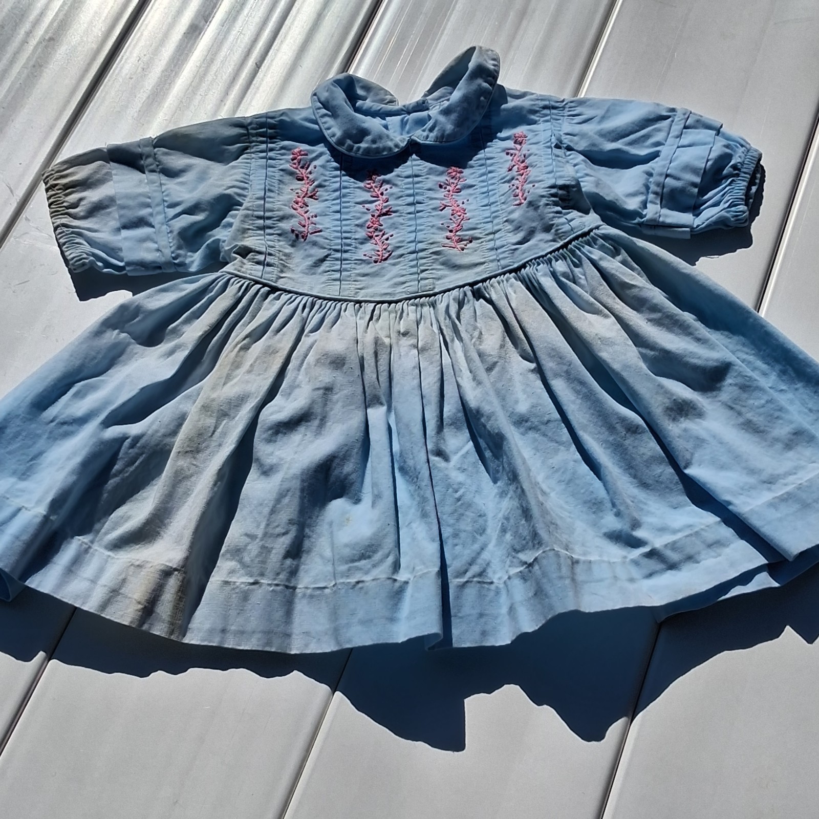 Vintage 1950s Girls Blue Dress Pink Floral Embroidery Peter Pan Collar Toddler