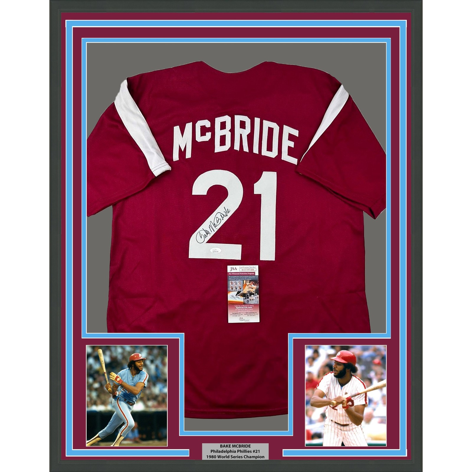 Framed Autographed/Signed Bake McBride 35x39 Retro Maroon Jersey JSA COA