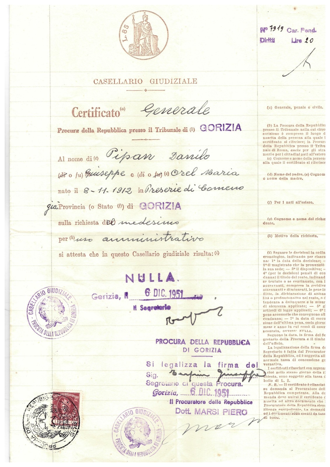 Italy / Trieste A 1951 ☀  Document with revenue stamps