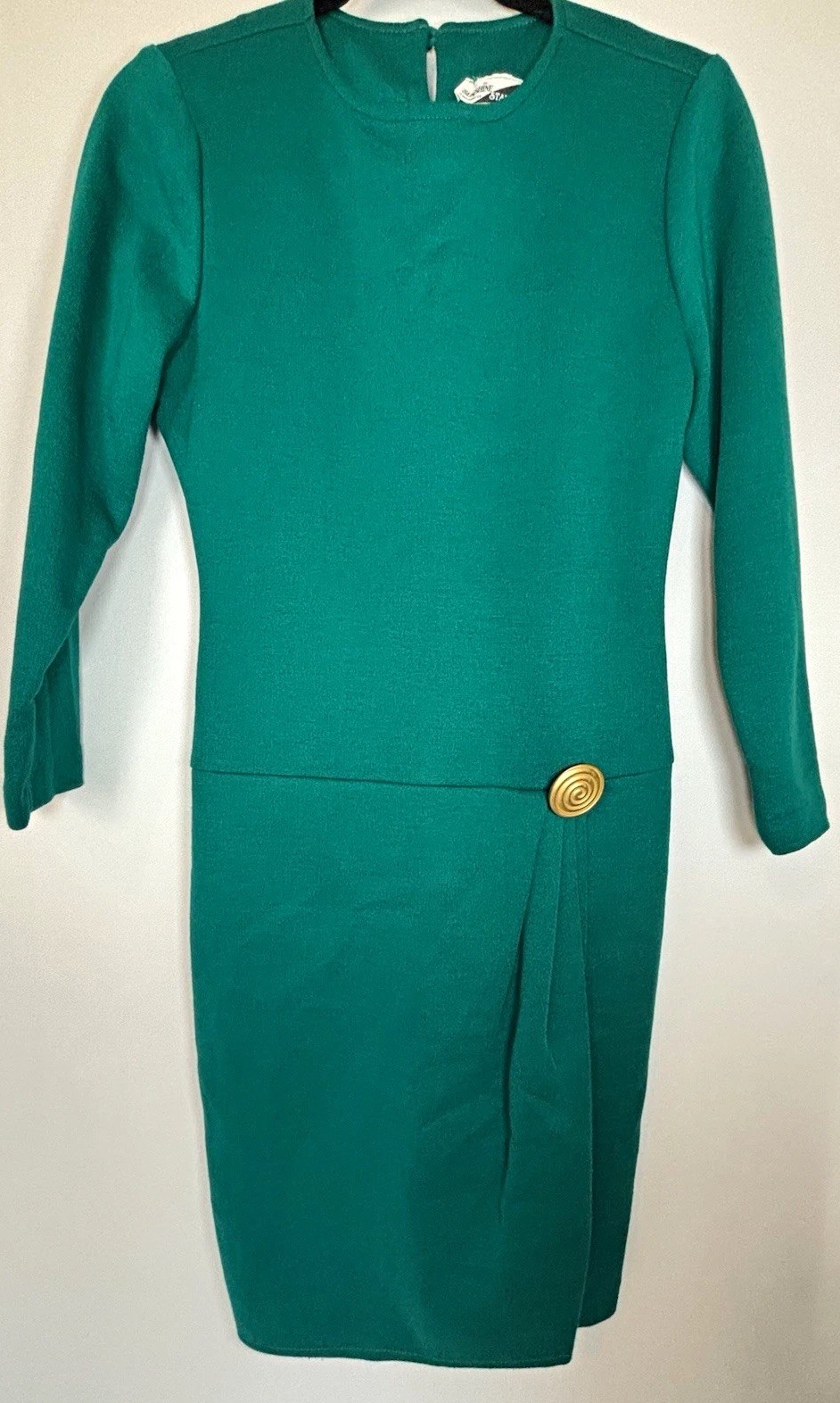 Vtg 80s Sunshine Starshine Green Sheath Dress Draped Gold Button Retro Business
