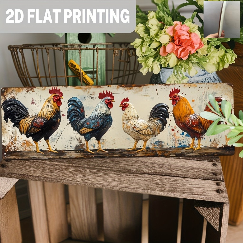 Colorful Roosters Metal Tin Sign Farm Animal Long Plaque Wall Hanging Decoration