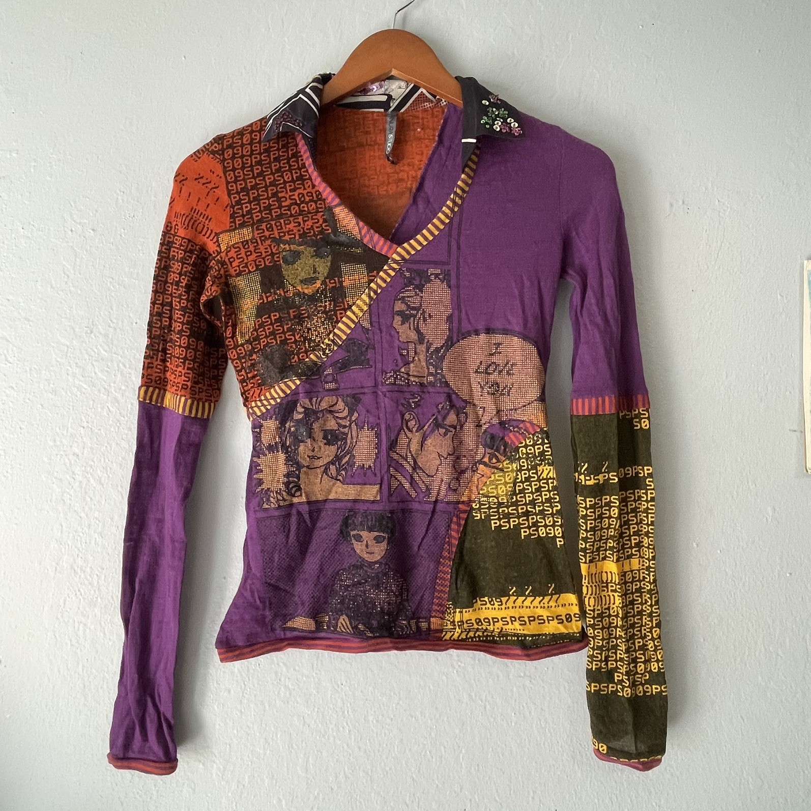 VTG Pianura Studio Y2K Pop Art Comic Graphic Print Mesh Knit Top Italy
