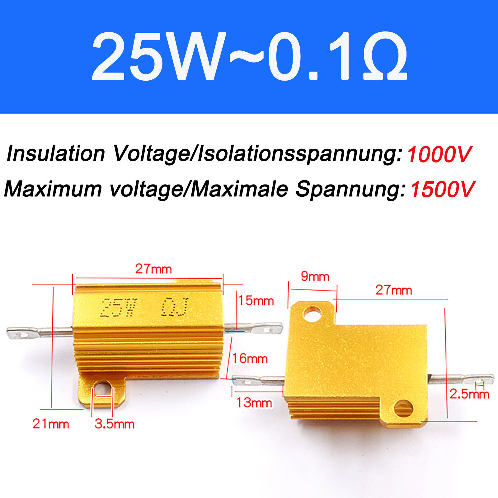 RX24 25W Power Golden Aluminium Wire wound  Resistors 1 2 5 8 10 20 100Ω - 10KΩ