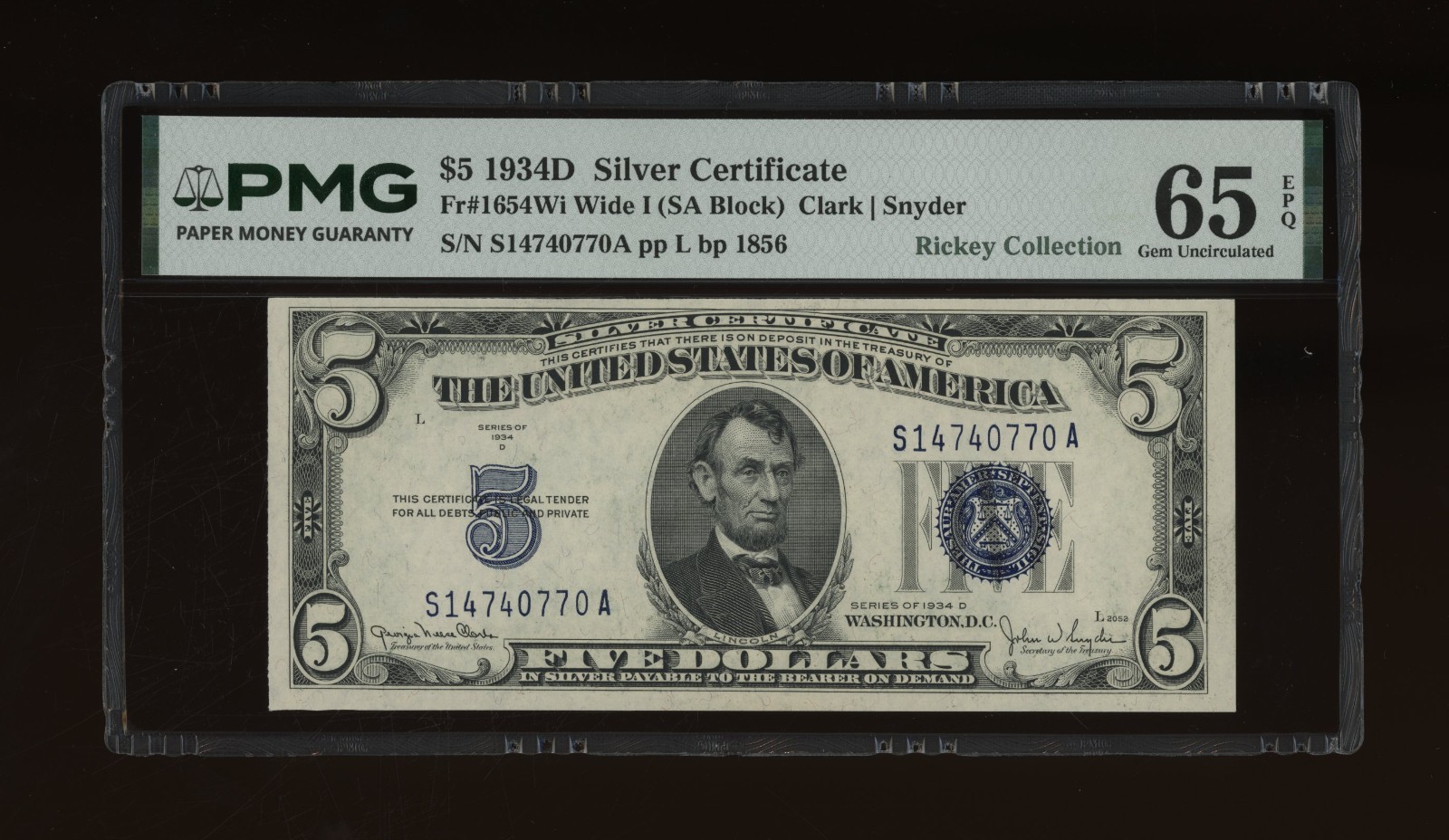 DBR 1934-D $5 Silver Gem Fr. 1654Wi Wide I SA Block PMG 65 EPQ Serial S14740770A