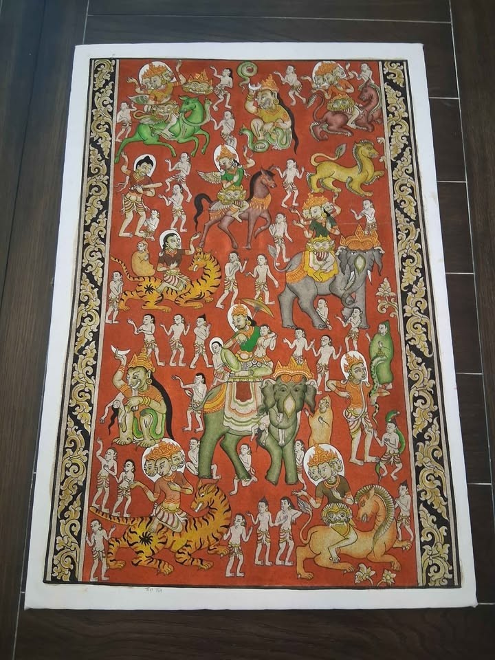 Antique Balinese Kamasan Painting Traditional Cotton Deities Mythological Tin Ti