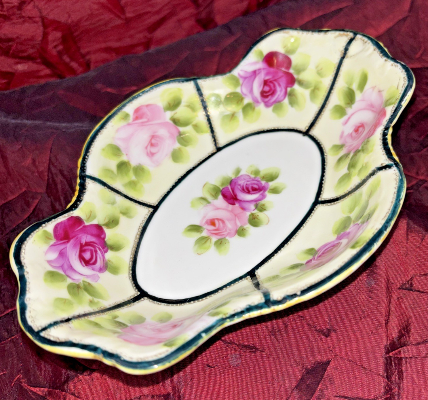 Antique Nippon Oval Scalloped Edge Dish Pink Floral with Gold Dots Black Trim