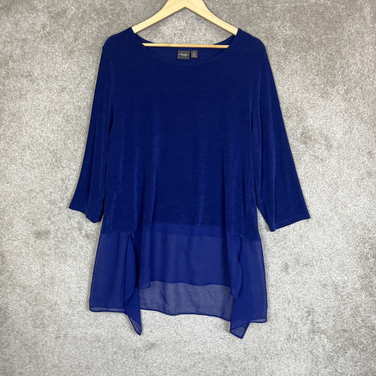 Chico\'s Travelers Tunic Womens 3 Blue 3/4 Sleeve Pullover Stretch Slinky- 5088