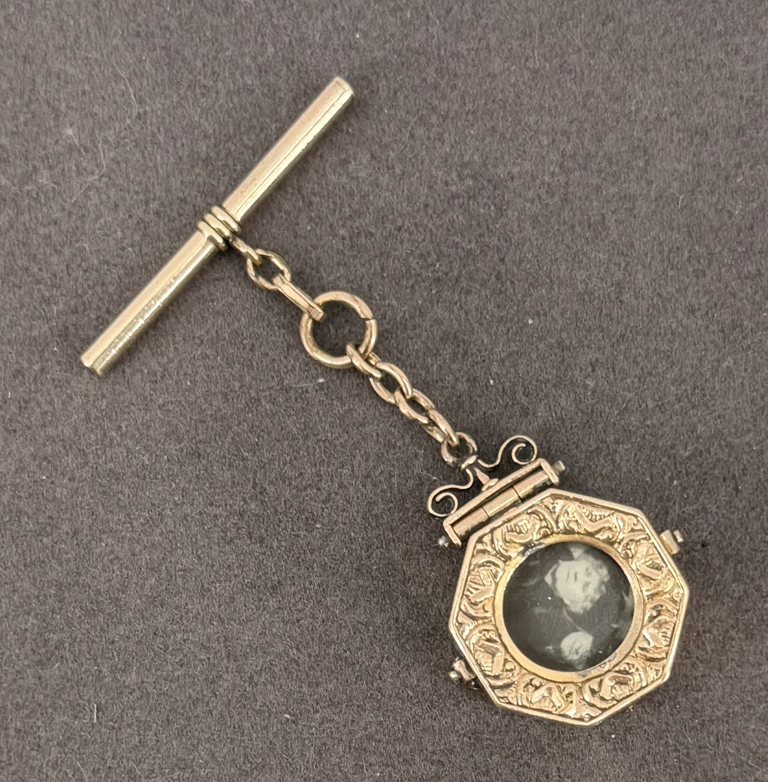 Antique Victorian Octagonal Locket Watch Fob T-Bar Gold Filled Engraved Photo
