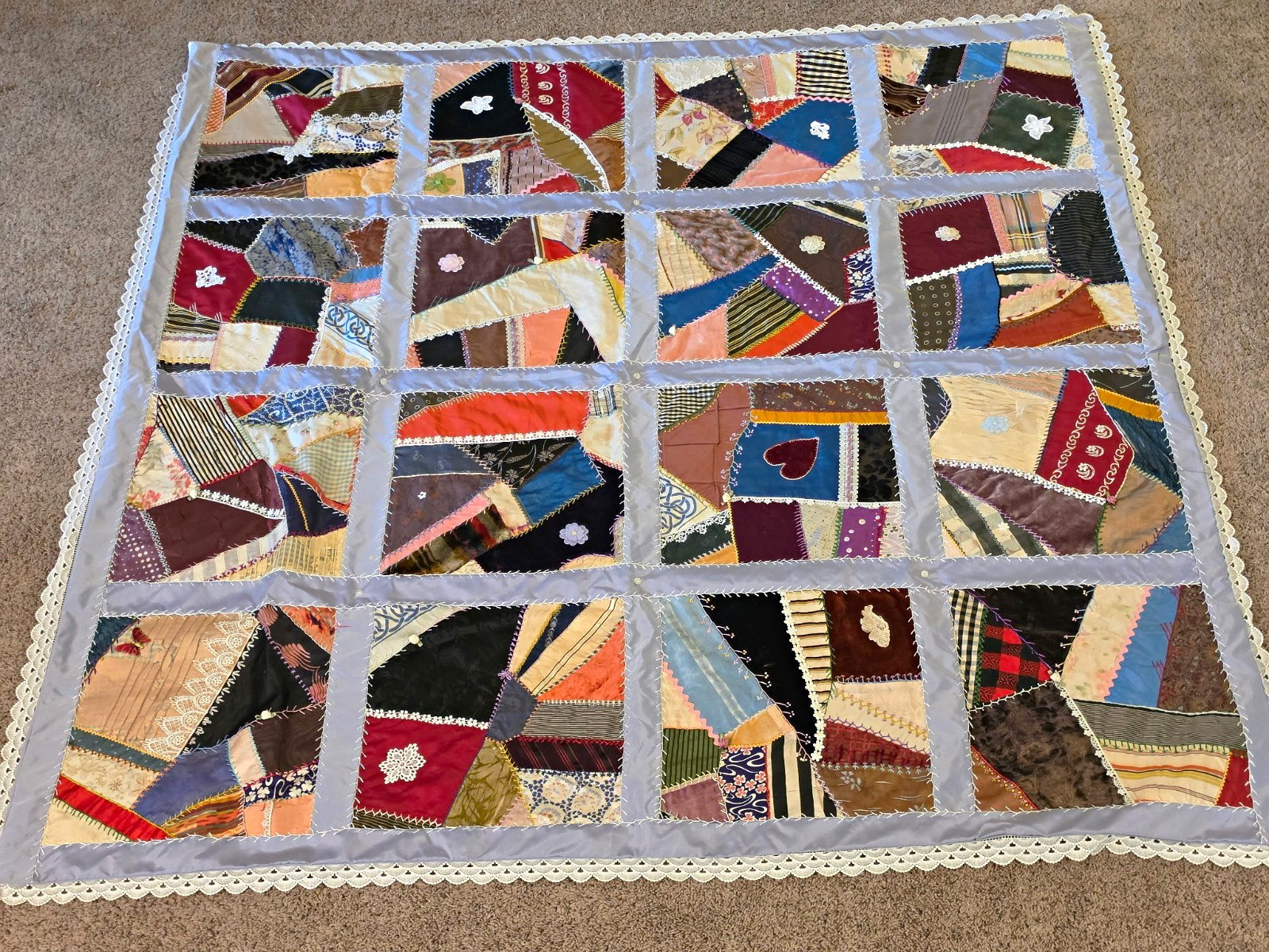 Antique Crazy Silk & Velvet Quilt Patchwork Embroidery Hand Quilted