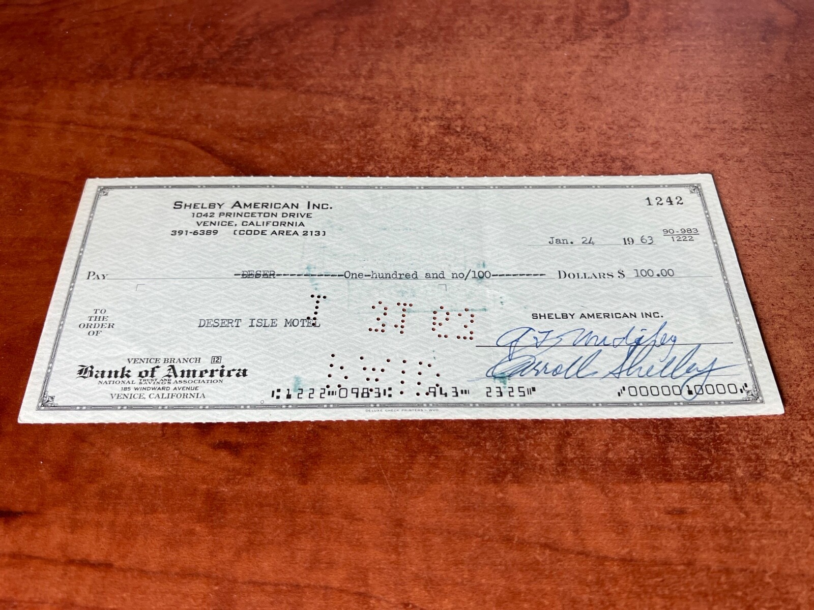 CARROLL SHELBY SIGNED Check 1963 American Desert Isle Motel racing car cobra gt
