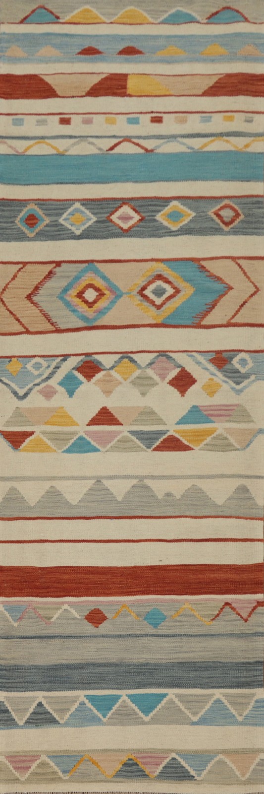 Ivory Geometric Kilim Handwoven 9\' Runner Rug 2x9 ft Oriental Carpet