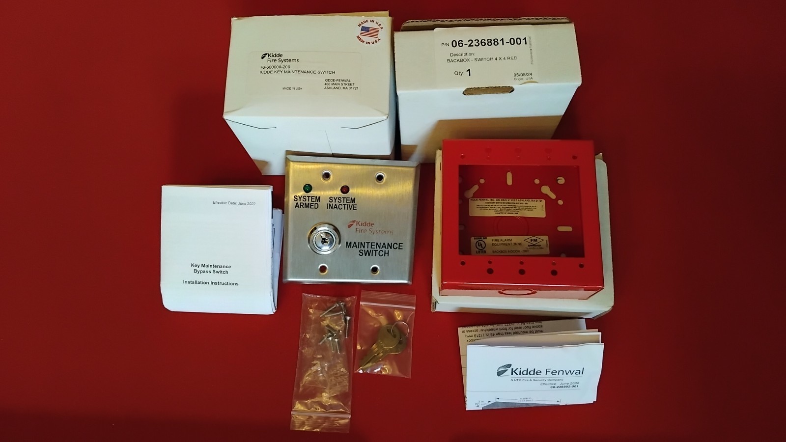 SET OF NEW KIDDE FENWAL 🔥 FIRE SYSTEMS KEY MAINTENANCE BYPASS SWITCH + BACKBOX