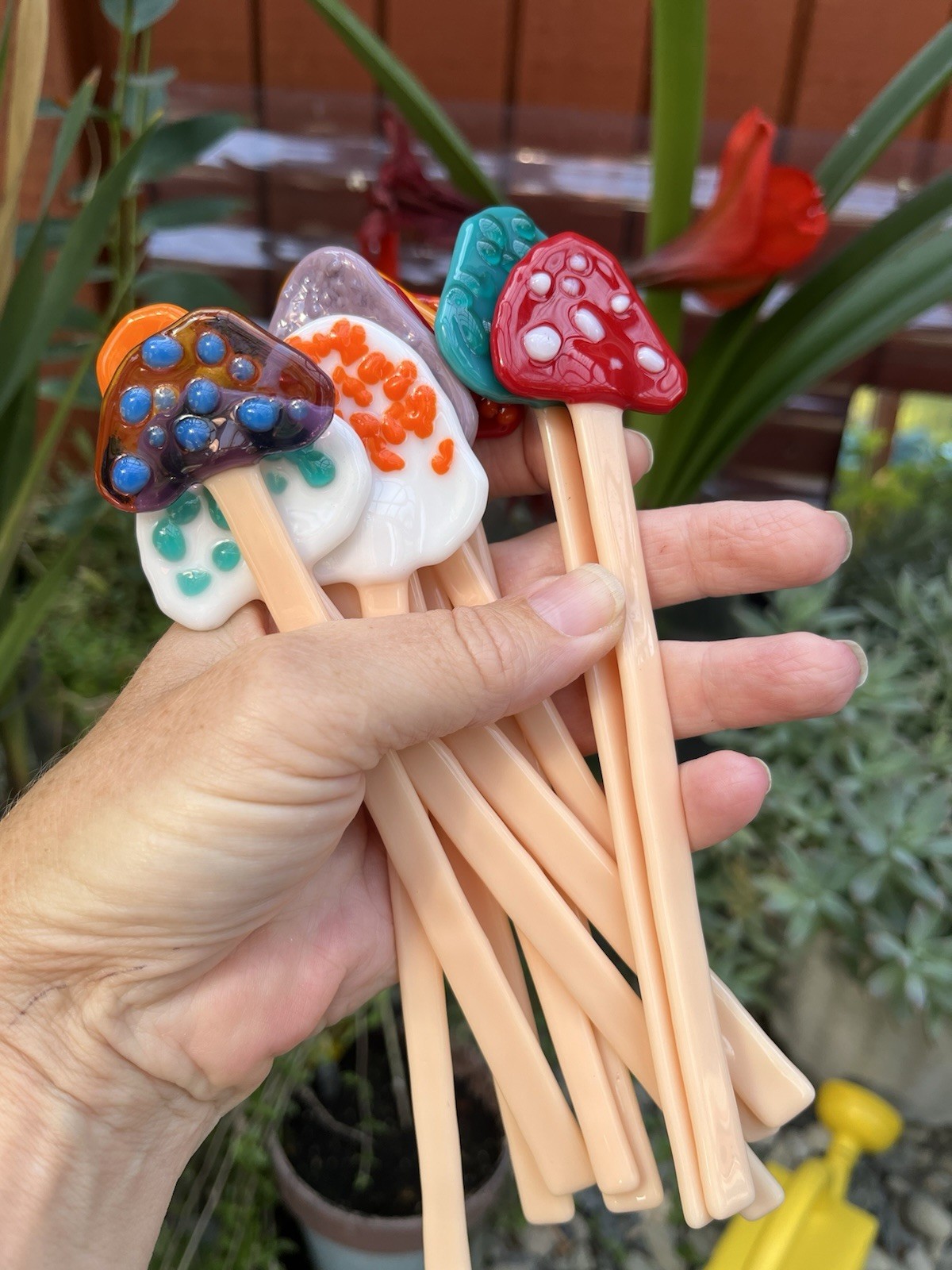 Set of 7 Glass Mushroom Plant or Garden Stakes
