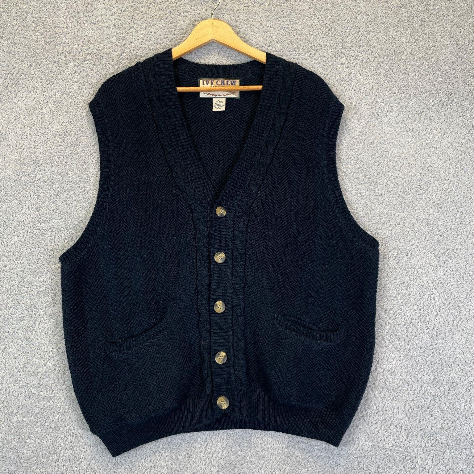 Vintage IVY CREW Cardigan Sweater Vest Men\'s Large Navy Blue Ribbed Knit