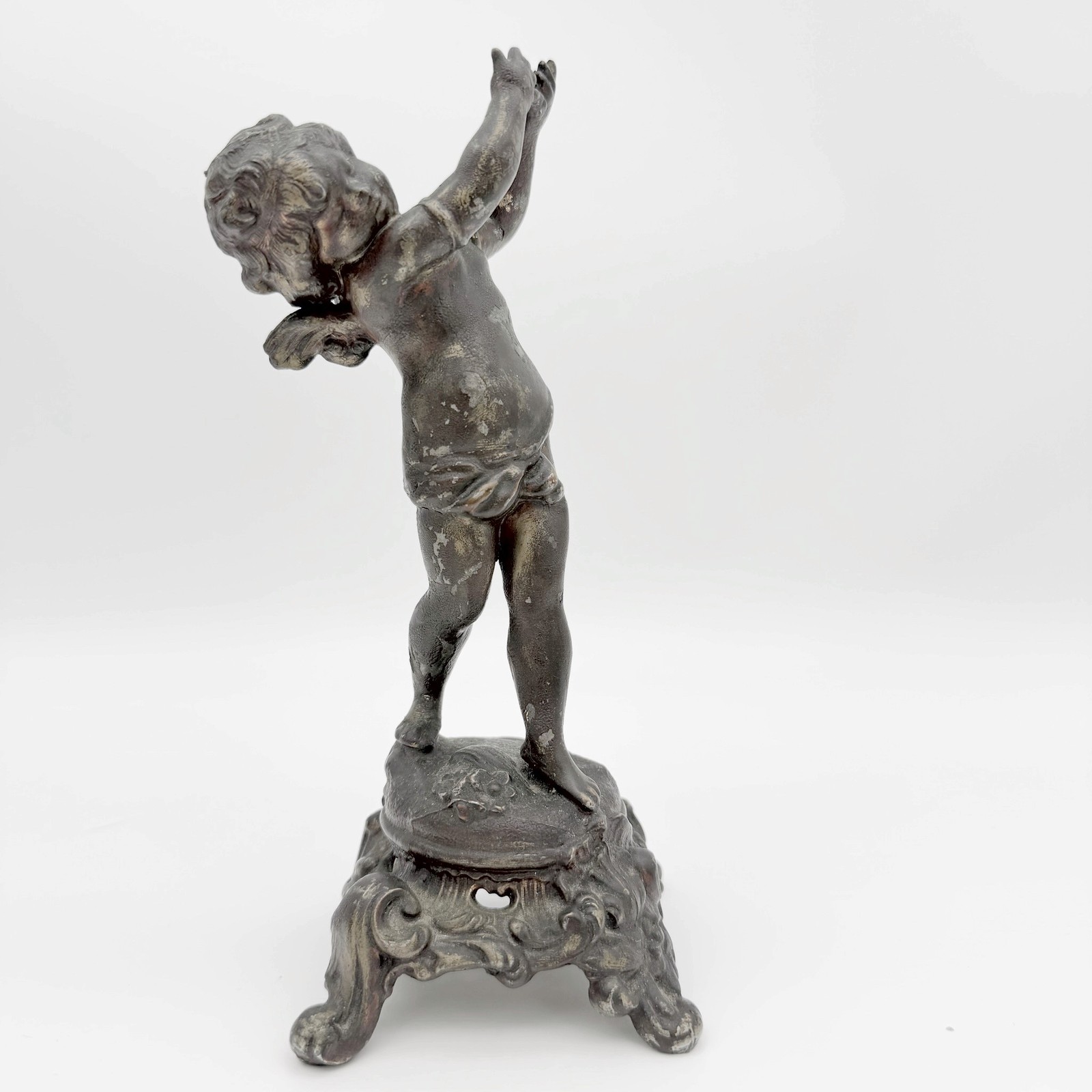 Antique French Spelter Cherub Putto Statue Ornate Rococo Base Belle Epoque 8.25 Antique French Spelter Cherub Putto Statue Ornate Rococo Base Belle Epoque 8.25