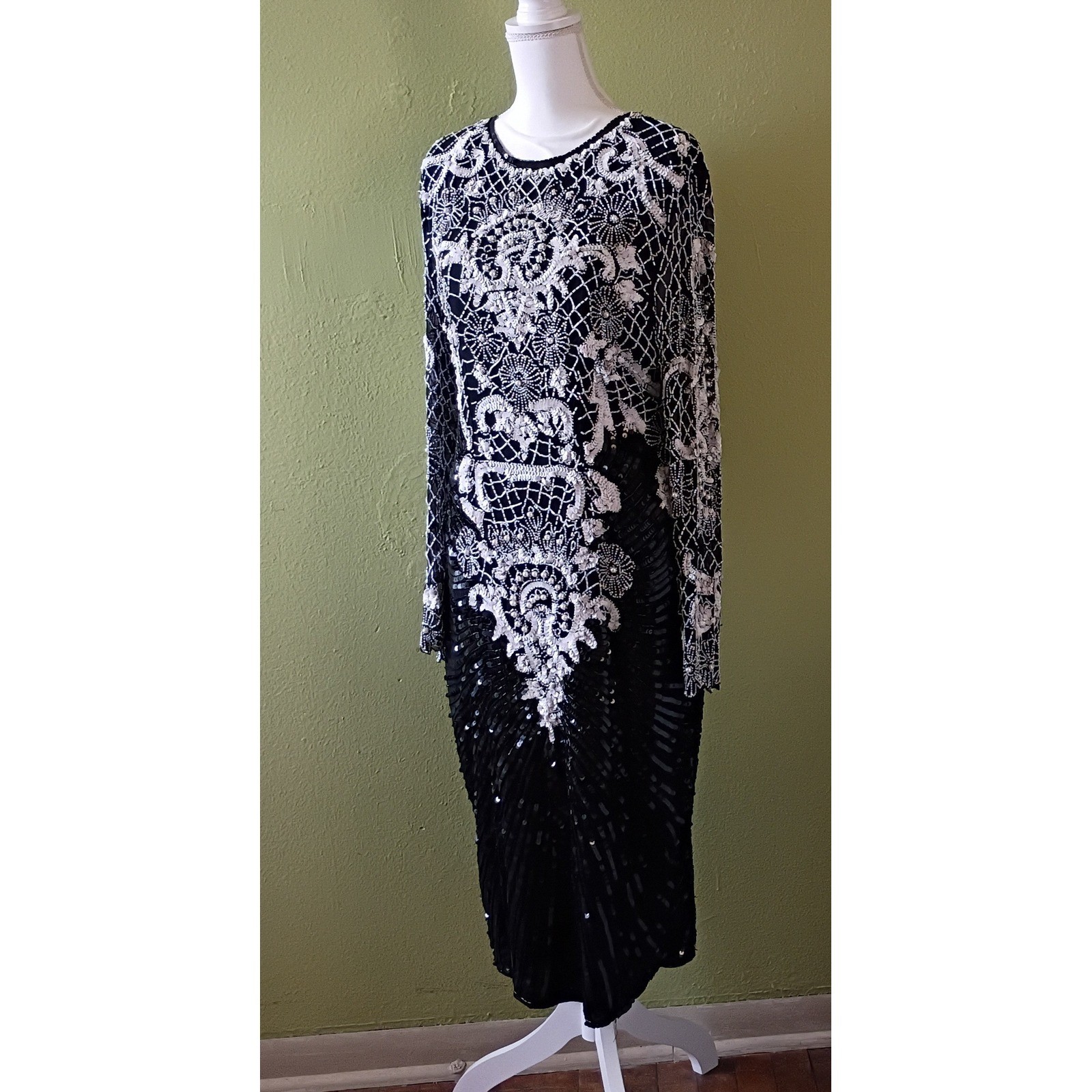80\'s Vintage Art Deco Glamour Black White Beaded Gown Maxi Dress Womens M Medium
